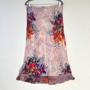 Citron Santa Monica Silk Slip Skirt Floral Print Midi Ruffle Hem Coquette Fairy